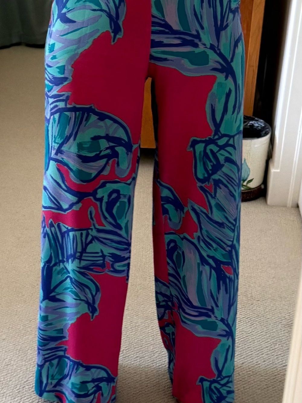 Lilly Pulitzer Magenta Wide-Leg Pants with Teal & Blue Leaf Print